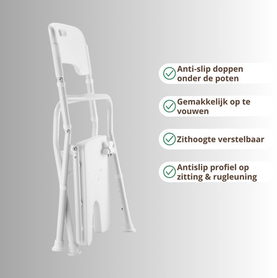 Gevouwen wit douchestoeltje met anti-slip doppen, in hoogte verstelbaar.