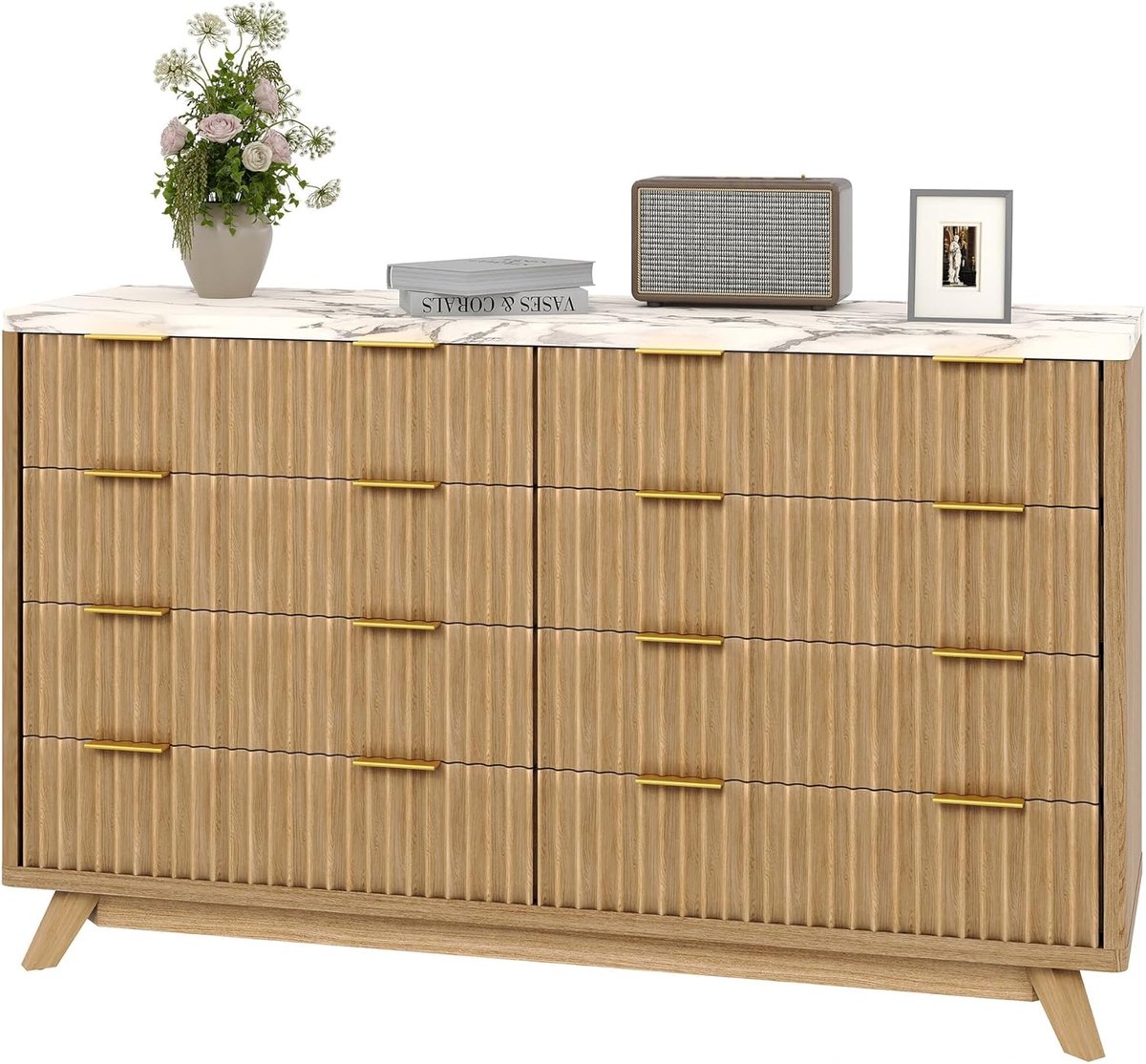 Moderne Ladekast met 8 Lades - Geribbeld en Afgerond Design - Commode voor Slaapkamer, Woonkamer en Gang - Stevig en Veilig met Anti-kantelsysteem - Houtlook