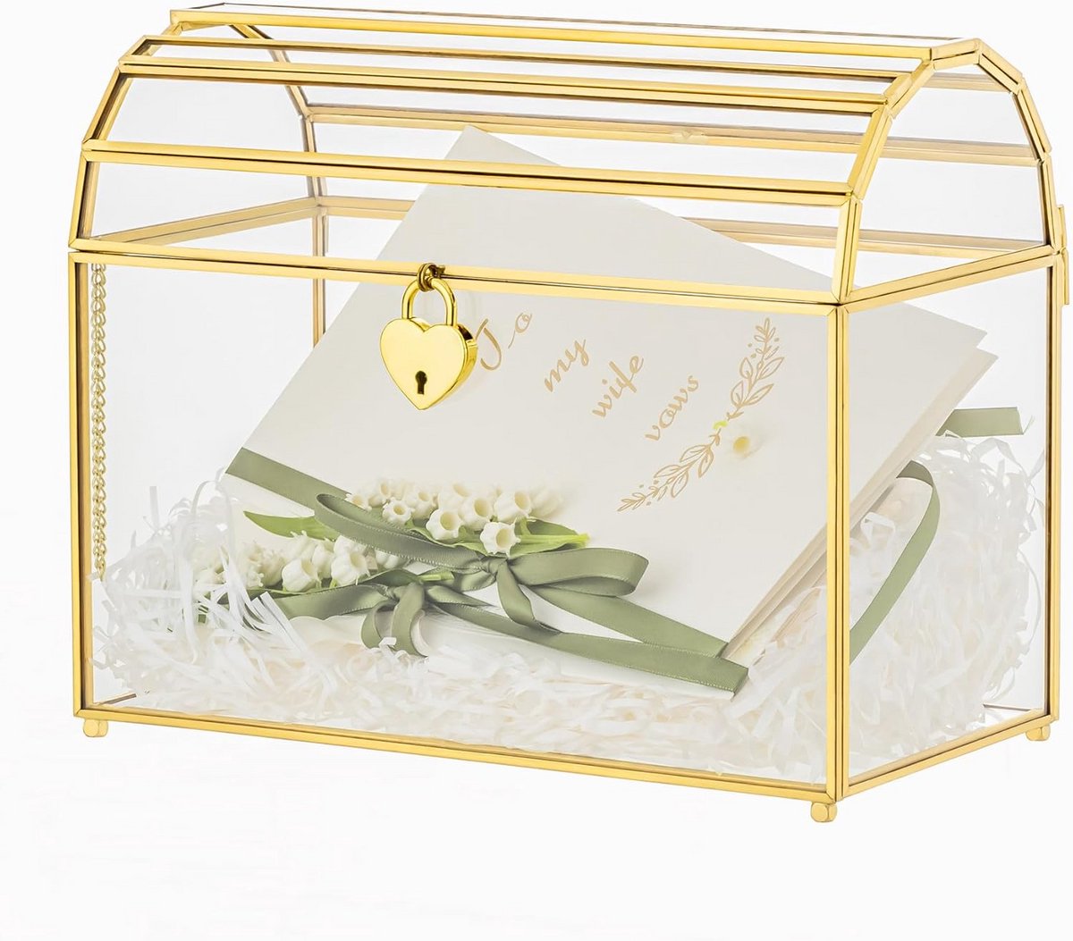 Trouwkaartendoos met slot - Gouden envelop - Kaarten verzamelen - Hartvormig slot - 26 x 14 x 215 cm - Goud