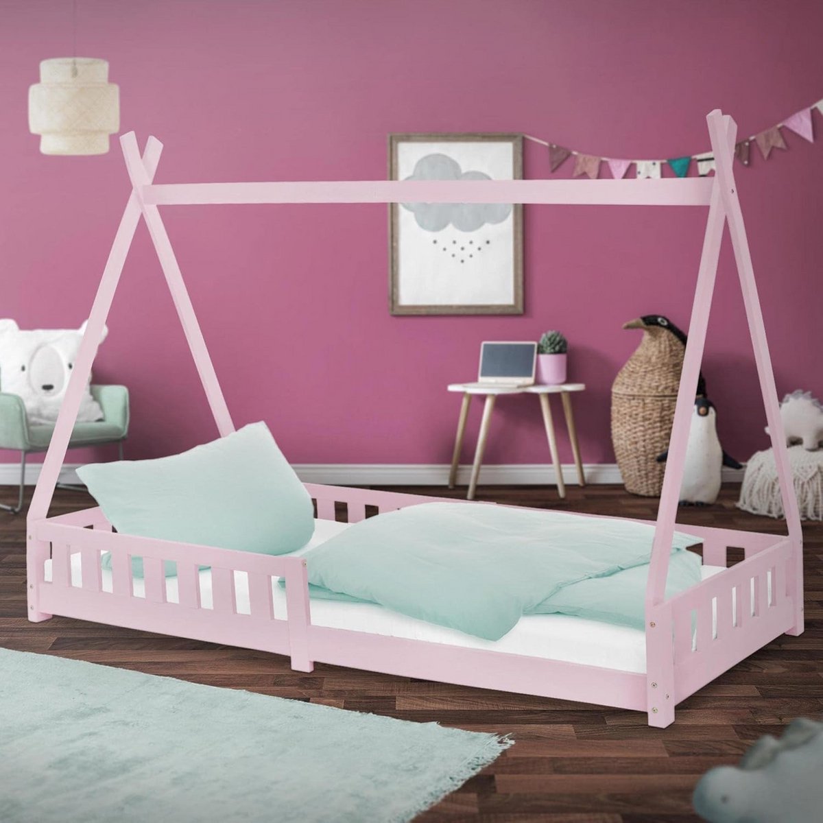Kinderbed Tipi - Huisbed Meisjes - Avontuurlijke Slaapplek - Met Uitvalbeveiliging - 90x200 cm - Roze