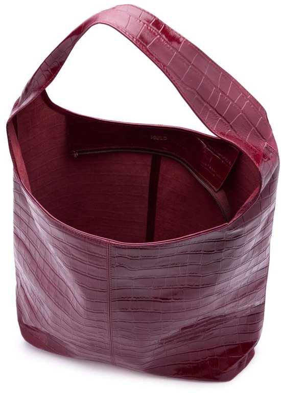 Manfield Burgundy Leren Croco Schoudertas Met Ritssluiting - Maat Onesize
