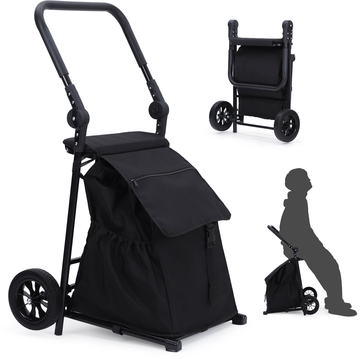 2-In-1 Opvouwbare Boodschappenwagen Met Afneembare Waterdichte Tas En Ingebouwde Zitting - Zwart