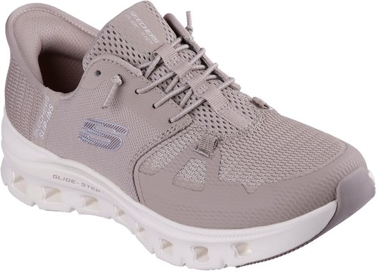 Grijze Skechers Glide-Step instappers met ademende mesh en witte zolen.