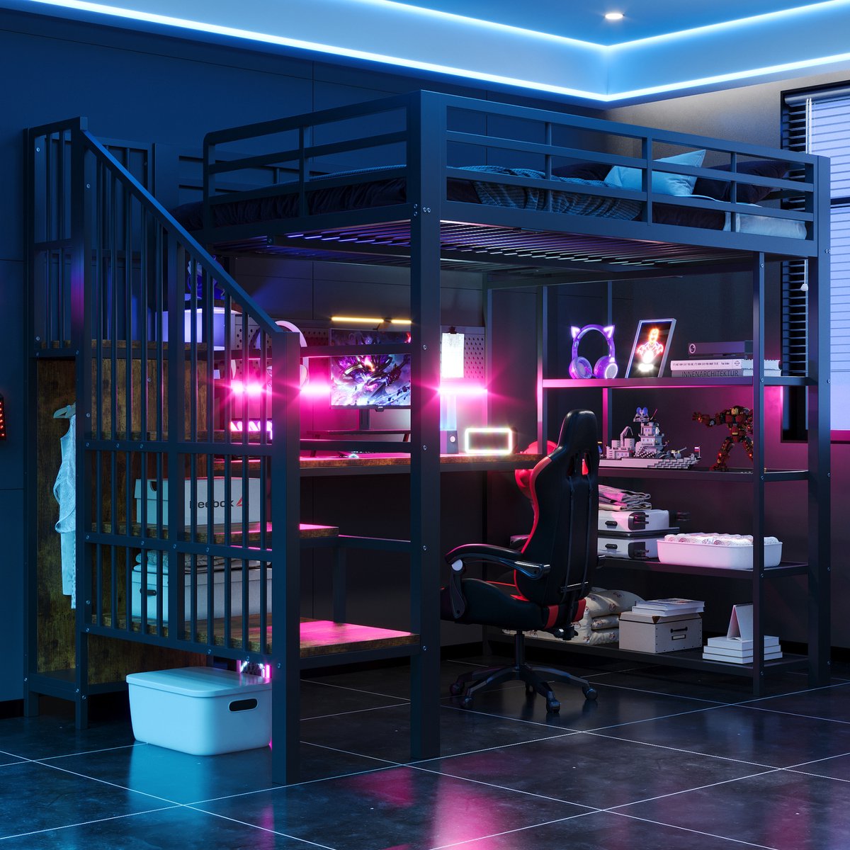 Hoogslaper 140 × 200 Cm, Tweepersoonsbed Lang Bureau En Lang Prikbord, Klein Driehoekig Plankje Met Stopcontacten En Ledstrip, Opbergvakken Met Meerdere Niveaus, Hoge Reling-Zwart
