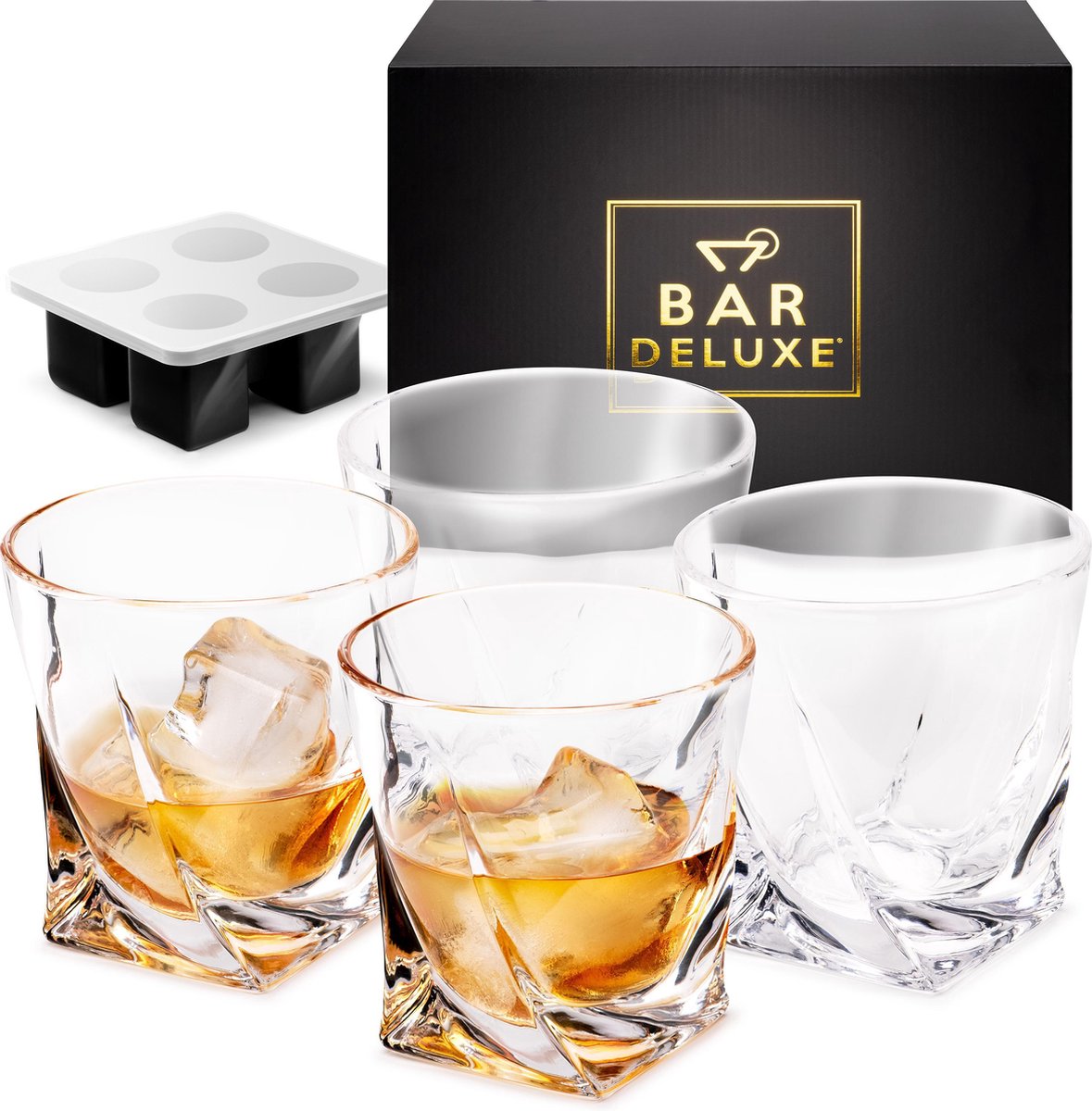 BarDeluxe® Whiskey Glazen - Whiskey Set - 4 Stuks - Whiskeyglazen - Whiskey Cadeauset - Handgemaakt - 100% Kristal - Whiskey Gift Set - Inclusief Unieke IJsblokjesvorm & Luxe Bewaardoos