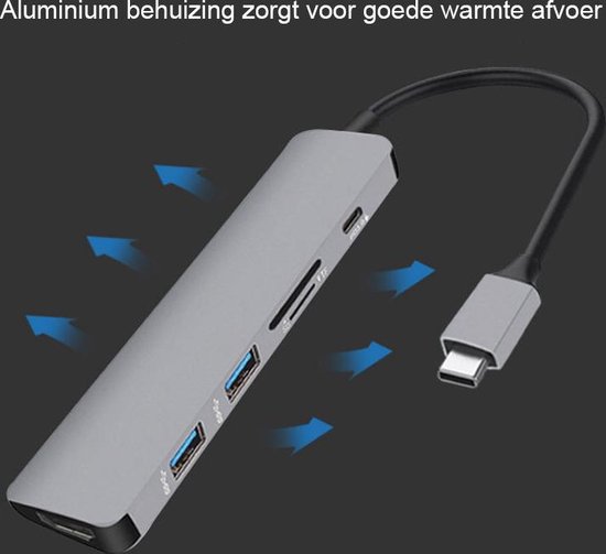 BrightNerd 6 in 1 USB-C adapter - HDMI 4K - 2x USB 3.0 - SD - USB-C laden - voor MacBook, MacBook Pro, MacBook Air en laptops met USB-C - Space Grey - BrightNerd