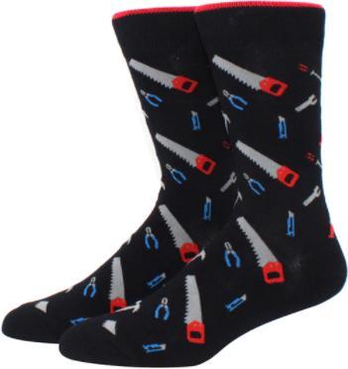 Sokken heren - zwart - rood - print bouw - werkplaats - zaag - 40 - 46 - gift - geschenk man - cadeau voor hem