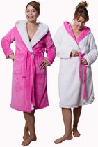 2 kanten draagbare badjas met teddy voering - hardroze - capuchon - unisex model Xl/XXL - reversible badjas fleece