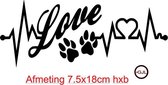 Autosticker -raam  motor - Love met hondenpootjes hartslag  -- dieren  -dogs  afmeting 18x7.5cm bxh  kleur zwart