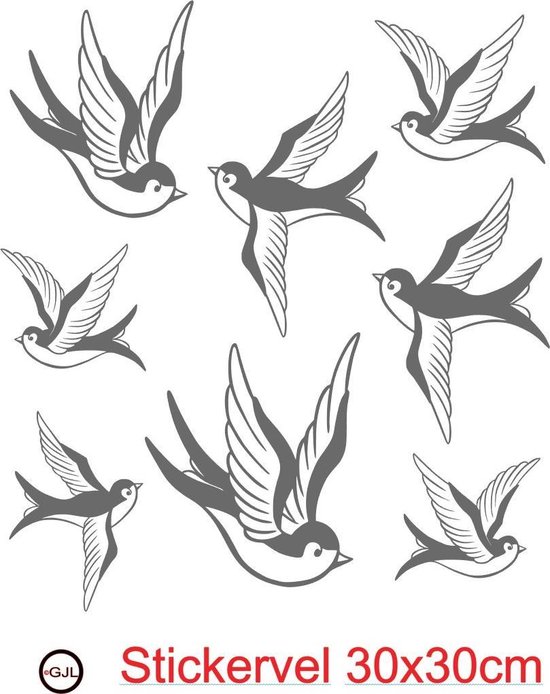 Raam  sticker vrolijke Zwaluwen  8 stuks  ( vogels )  Kleur Grijs