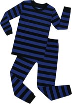 Elowel - Jongen en Meises Gestreepte Pyjama, 2 Delig, 100% Katoen, Comfortabel, Slim fit Broek | 7 Jaar | Royal blauw en zwart