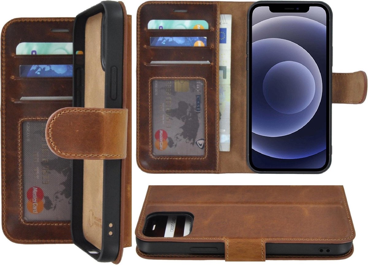 Geschikt voor Iphone 12 Pro Hoesje - Bookcase - Iphone 12 Pro Hoesje Portemonnee wallet Echt Leer Antiek Bruin Cover