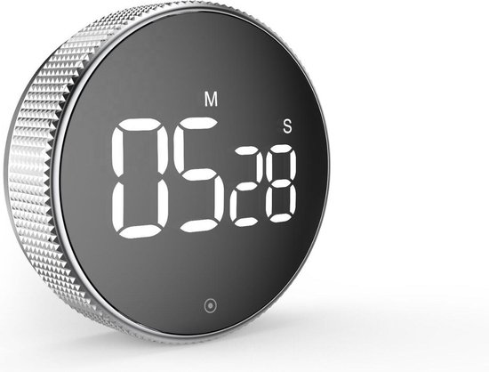 Ronde digitale timer met een zilveren geribbelde rand en een zwart display dat '05:28' weergeeft.