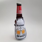 Wit schortje voor bierfles met "Proficiat! Proost!" - biertje, cadeautje, pilsje, verjaardag, huwelijk, gefeliciteerd
