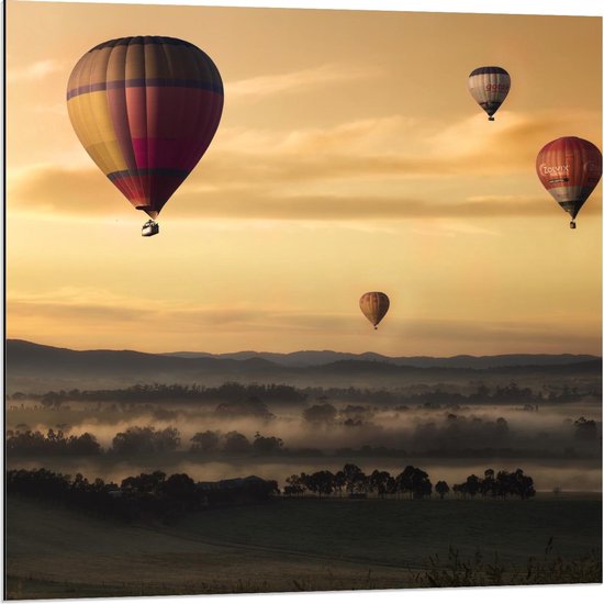 Dibond - Luchtballonnen boven Bergen - 80x80cm Foto op Aluminium (Wanddecoratie van metaal)