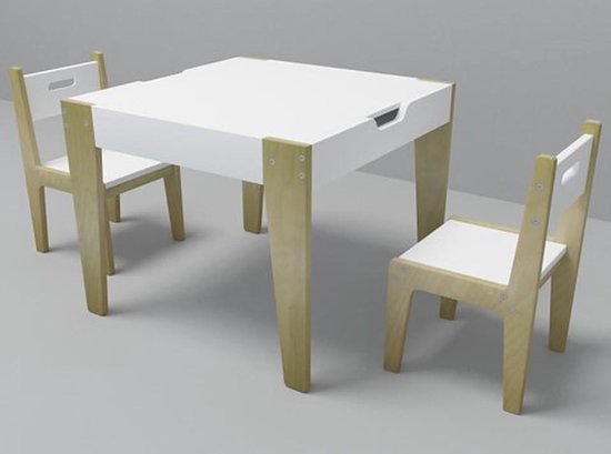 Beboonz Square kindertafel met twee stoeltjes - 1 kindertafel met twee stoeltjes - opbergruimte onder werkblad - omkeerbaar werkblad - krijtgedeelte - vierkante werkblad - knutseltafel