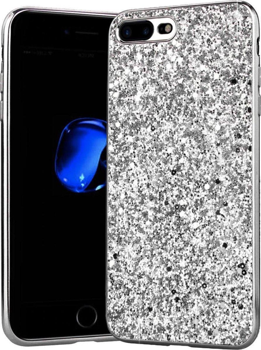 Geschikt voor Apple iPhone SE 2020 Backcover - Zilver - Glitters - Hard PC Hoesje