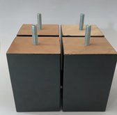 Set van 4 stuks houten Boxspring Bedden Meubelpoten Zwart Beuken 10 cm hoogte 7x7 cm met M8 draadeinde