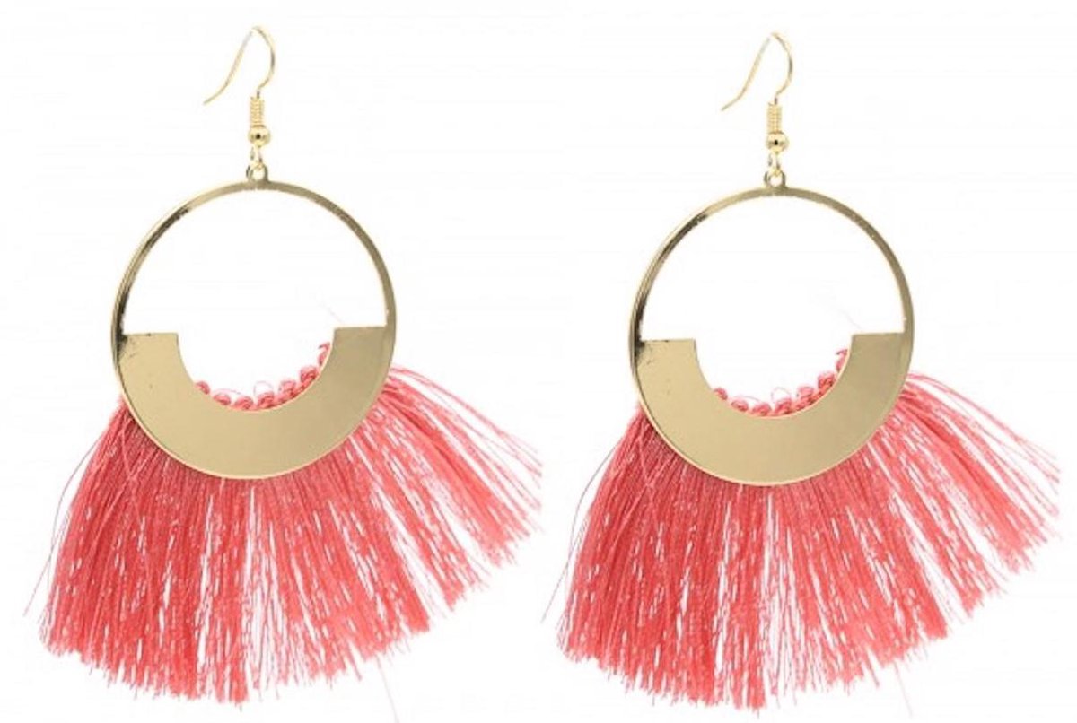 Oorbellen - Ibiza stijl - goudkleurig, roze - Met kwastjes