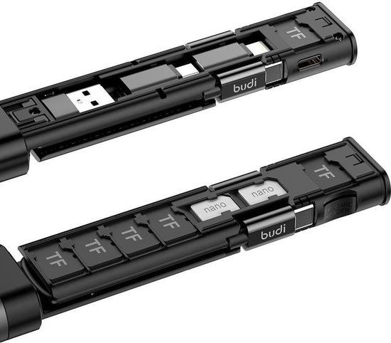 BUDI USB-C Micro SD kaartlezer - 9 in 1  - opbergstick - Nano Sim / USB-C / USB / Apple / Micro USB - Budi