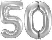 Folie ballon cijfer 50 jaar – 80 cm hoog – Zilver - met gratis rietje – Feestversiering – Verjaardag – Abraham Sarah - Bruiloft