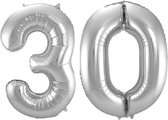 Folie ballon cijfer 30 jaar – 80 cm hoog – Zilver - met gratis rietje – Feestversiering – Verjaardag – Bruiloft