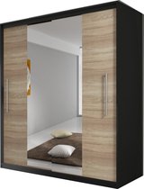 InspireMe- Zweefdeurkast Kledingkast met Spiegel Garderobekast met planken en kledingstang - 204x58x218 cm (BxDxH) -NICO (Zwart+Sonoma)
