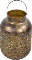 Vintage look lantaarn/windlicht metaal goud grof 23 cm - Metalen tuindecoratie met antieke uitstraling