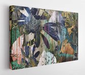 Art graphic and watercolor autumn colorful background with sketching leaves and flowers in blue, old gold, green and black colors  - Modern Art Canvas - Horizontal - 1159310944 - 8