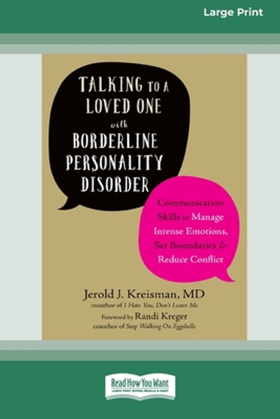 Boek 'Talking to a loved one with Borderline Personality Disorder' in groot formaat print met een bruine omslag en spraakballonnen.