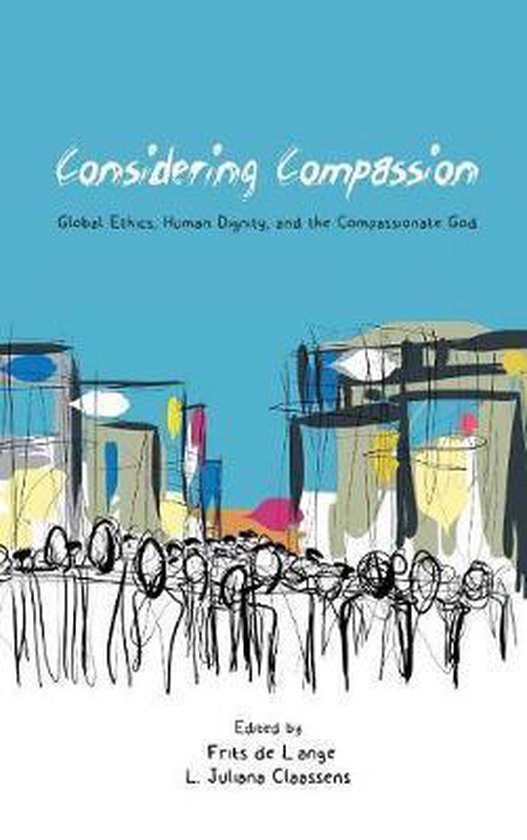 Boek 'Considering Compassion' met abstracte afbeelding van een stad en mensen