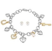 Pierre Cardin sieradenset armband en een paar oorbellen, bedel met diverse hangers in zilver en goud PXX0068BK