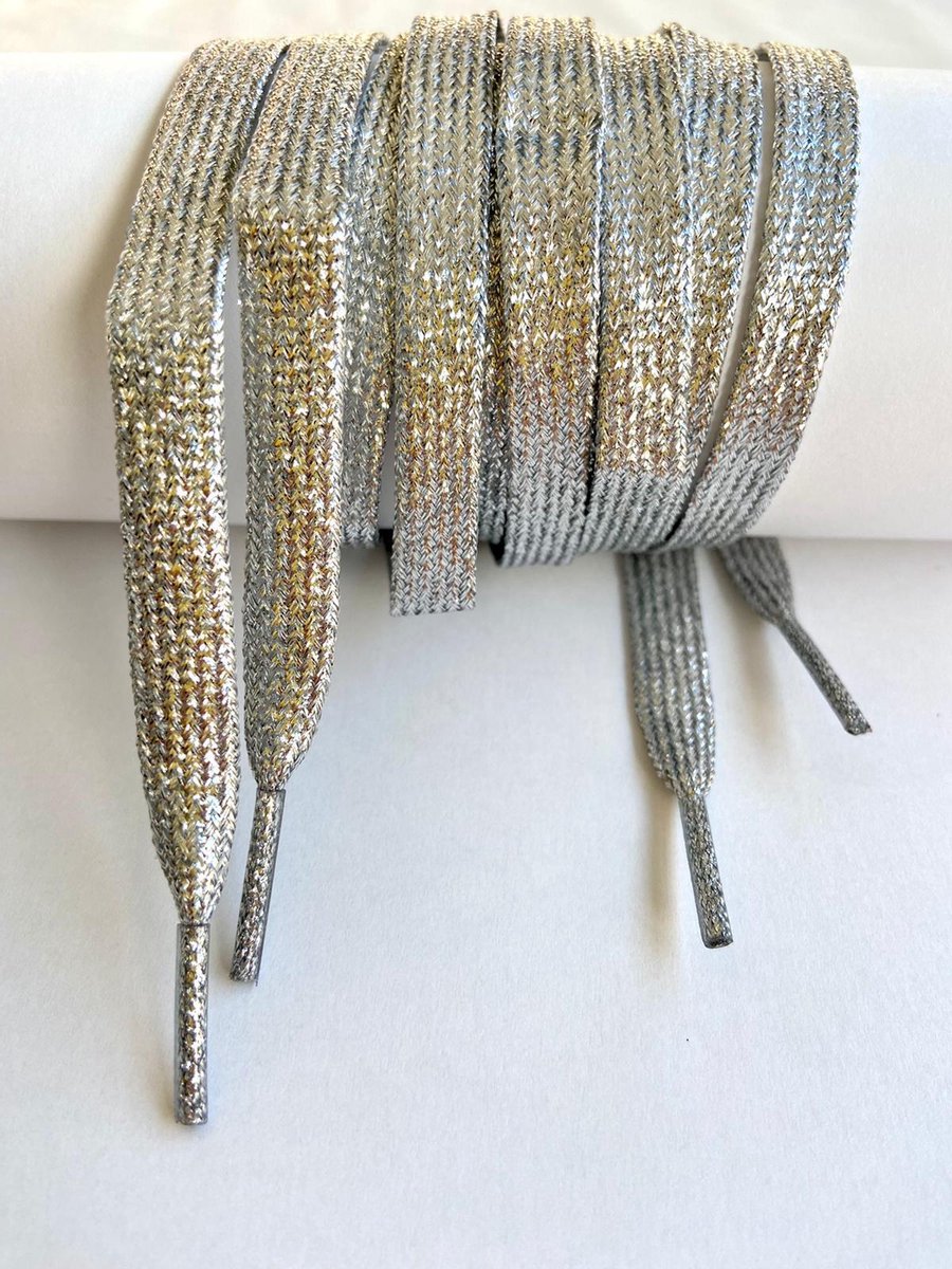 Schoenveters - Veters - Sneakerveters - Fat Laces - Plat - Zilver glitter - Veterlengte 130 cm – Breedte 10 mm