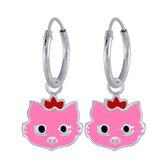 Joy|S - Zilveren kat poes bedel oorbellen - roze - oorringen