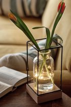 Xaptovi Vaaslamp met LED verlichting - Vaas – Leuk Cadeau Houten basis, glazen vaas zwart metalen frame – 11 x 11 x 22,5 cm.- tafellamp - Werkt op 3 AAA batterijen (excl.)