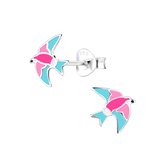 Joy|S - Zilveren vogel oorbellen - 9 x 10 mm roze blauw