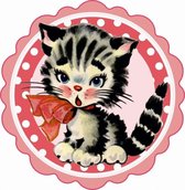Poes Kitten Met Gestreepte Vacht En Roze Strik Strijk Applicatie L - 13,5 x 13,5 cm