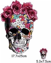 Doodskop Skull Bloemen XXL Full Color Strijk Applicatie 17.5 cm / 25 / Roze Wit Blauw