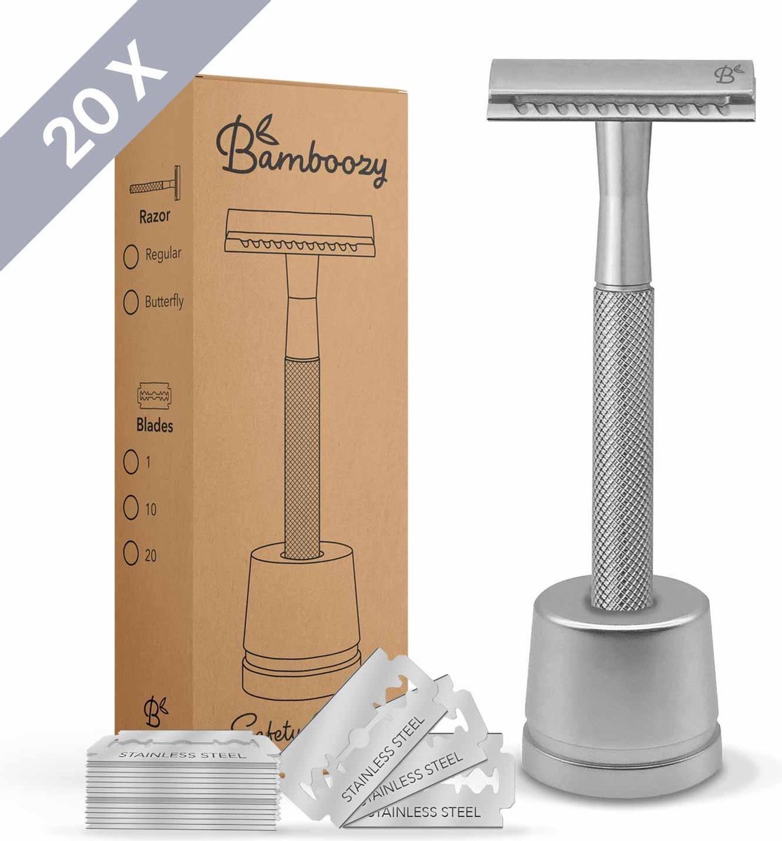 Bamboozy Safety Razor RVS + 20 scheermesjes + Houder Zilver Chrome Unisex Vrouwen Mannen Double Edge Zero Waste Scheren
