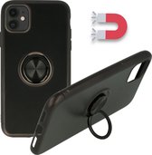 HB Hoesje Geschikt voor Apple iPhone 11 Zwart - Siliconen Back Cover met Ring Kickstand - Geschikt voor Magneet Houders