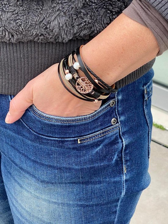 Armband Dames Rosegoud- Leren Wikkelarmband Galeara design Rosekleurig Zwart Dames Levensboom 19,5cm - Galeara design