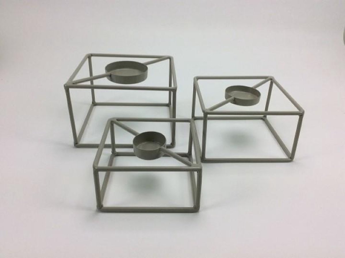 Theelicht waxinelicht set van drie lichtgrijs 15x15x10/14x14x8/12x12x6 cm