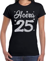 Hoera 25 jaar verjaardag / jubileum cadeau t-shirt - zilver glitter op zwart - dames - cadeau shirt XS