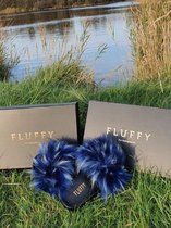 Fluffy's Slippers Blauw Voor Dames Heren en Kinderen met Imitatiebont