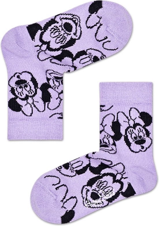 Twee lila sokken met zwarte print van Minnie Mouse.
