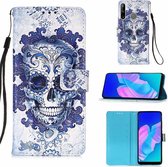 Hoesje voor Samsung Galaxy A21s - flip book case cover doodskop (blauw) met koord en ruimte voor pasjes en print - Telefoonhoesje met leuk printje - Cartoon hoesje voor Samsung A21