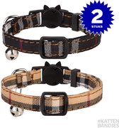 Halsband kat | Kattenband | Kitten | Kattenhalsband met veiligheidssluiting in dé klassieke beige en zwarte ruit 2-pack