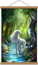 Schoolplaat – Getekende Unicorn in Fantasiebos - 40x60cm Foto op Textielposter (Wanddecoratie op Schoolplaat)