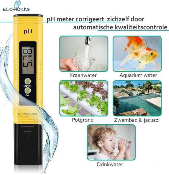 Digitale PH meter incl. kalibratie en Nederlandstalige gebruiksaanwijzing - Watertester - Zwembad/Aquarium/Grond Onderhoud - PH Strips - Ecoworks