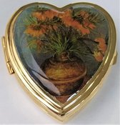 Zeeuws Meisje - Luxe Pillendoosje -hartvorm -  messing verguld met echt laagje goud - afbeelding Keizerskroon oranje bloemen Vincent van Gogh